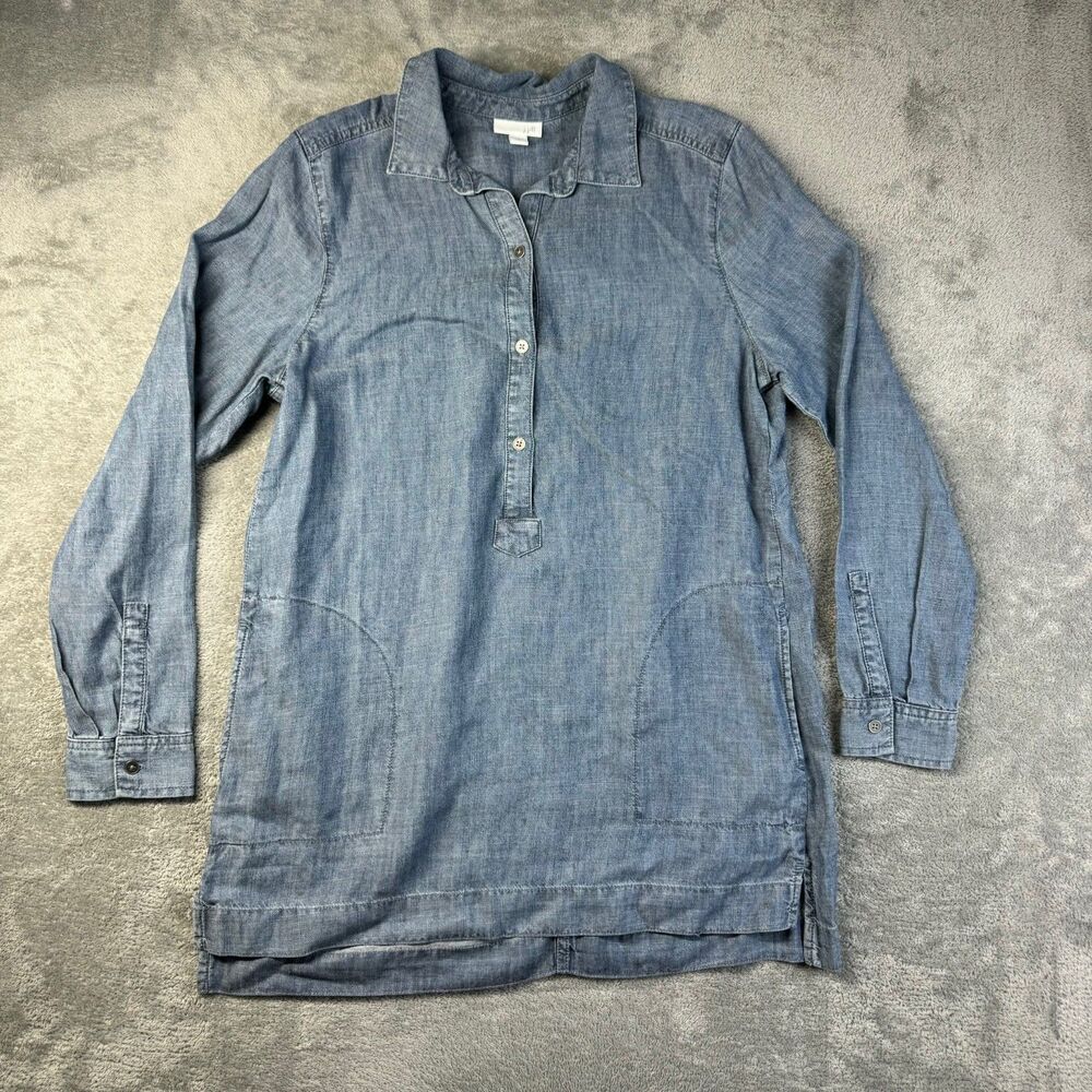 J. Jill Shirt Dress Womens Small Blue Chambray Long Sleeve Linen Blend Pockets